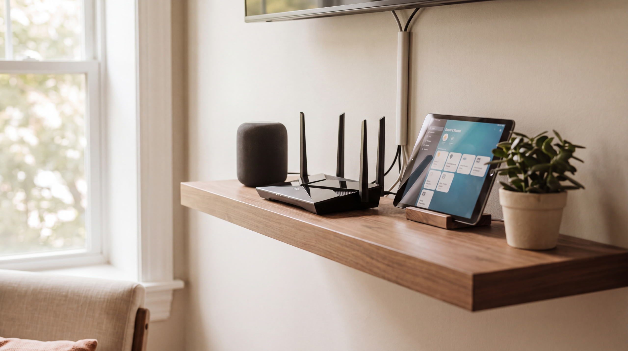 Router and home electronics on a shelf