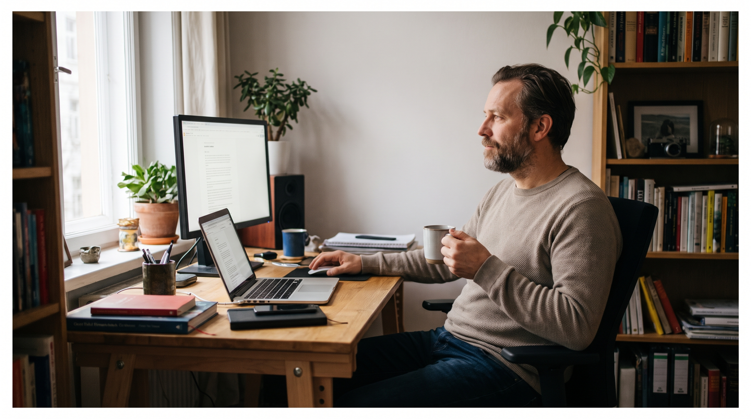 Home office desk setup with laptop and monitor